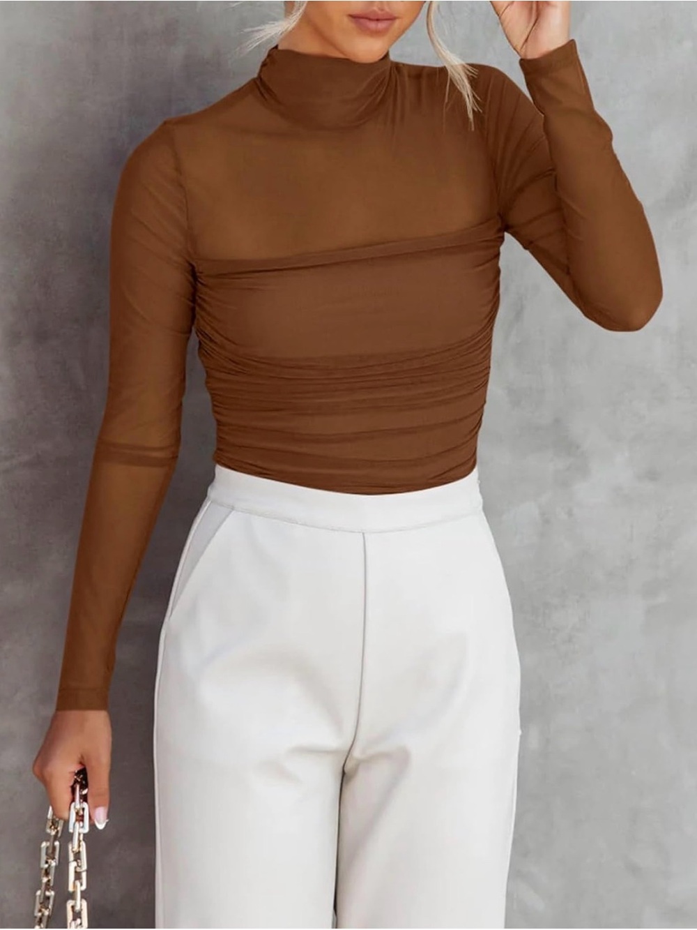 Brown Mock Turtle Neck Long Sleeve Mesh